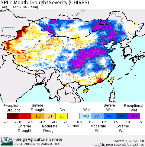 China, Mongolia and Taiwan SPI 2-Month Drought Severity (CHIRPS) Thematic Map For 8/6/2021 - 10/5/2021