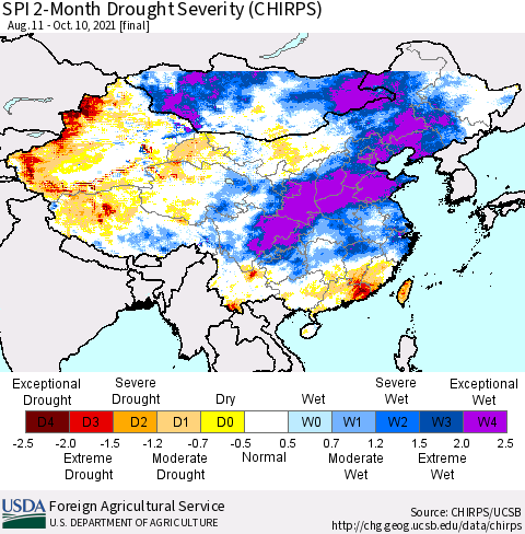 China, Mongolia and Taiwan SPI 2-Month Drought Severity (CHIRPS) Thematic Map For 8/11/2021 - 10/10/2021