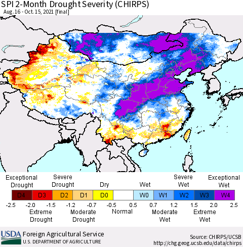 China, Mongolia and Taiwan SPI 2-Month Drought Severity (CHIRPS) Thematic Map For 8/16/2021 - 10/15/2021