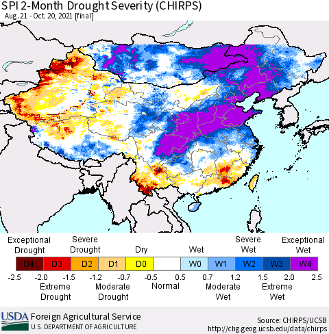 China, Mongolia and Taiwan SPI 2-Month Drought Severity (CHIRPS) Thematic Map For 8/21/2021 - 10/20/2021