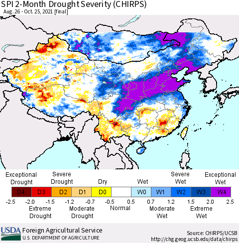 China, Mongolia and Taiwan SPI 2-Month Drought Severity (CHIRPS) Thematic Map For 8/26/2021 - 10/25/2021