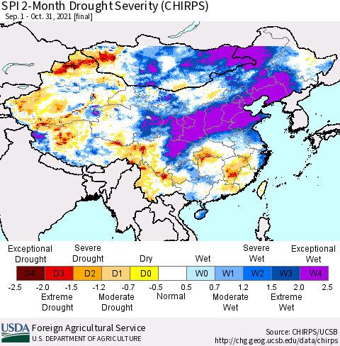 China, Mongolia and Taiwan SPI 2-Month Drought Severity (CHIRPS) Thematic Map For 9/1/2021 - 10/31/2021
