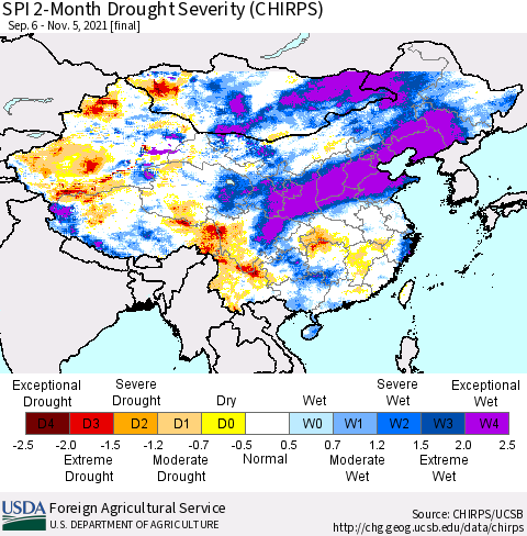 China, Mongolia and Taiwan SPI 2-Month Drought Severity (CHIRPS) Thematic Map For 9/6/2021 - 11/5/2021