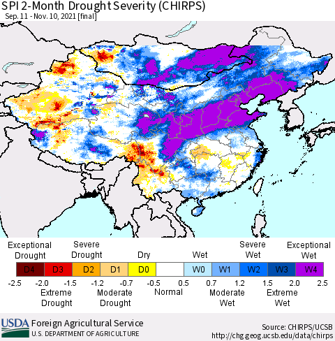 China, Mongolia and Taiwan SPI 2-Month Drought Severity (CHIRPS) Thematic Map For 9/11/2021 - 11/10/2021