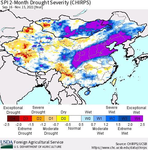 China, Mongolia and Taiwan SPI 2-Month Drought Severity (CHIRPS) Thematic Map For 9/16/2021 - 11/15/2021