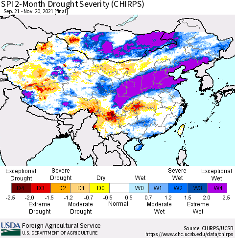 China, Mongolia and Taiwan SPI 2-Month Drought Severity (CHIRPS) Thematic Map For 9/21/2021 - 11/20/2021