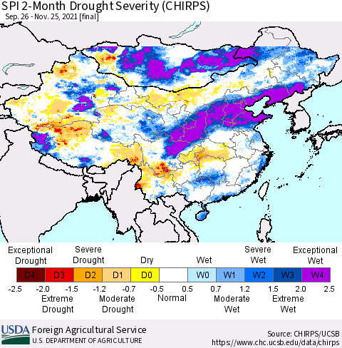 China, Mongolia and Taiwan SPI 2-Month Drought Severity (CHIRPS) Thematic Map For 9/26/2021 - 11/25/2021