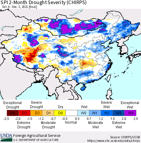 China, Mongolia and Taiwan SPI 2-Month Drought Severity (CHIRPS) Thematic Map For 10/6/2021 - 12/5/2021