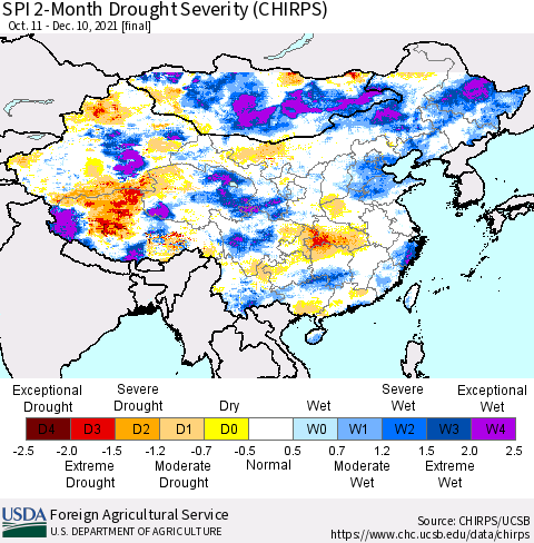 China, Mongolia and Taiwan SPI 2-Month Drought Severity (CHIRPS) Thematic Map For 10/11/2021 - 12/10/2021