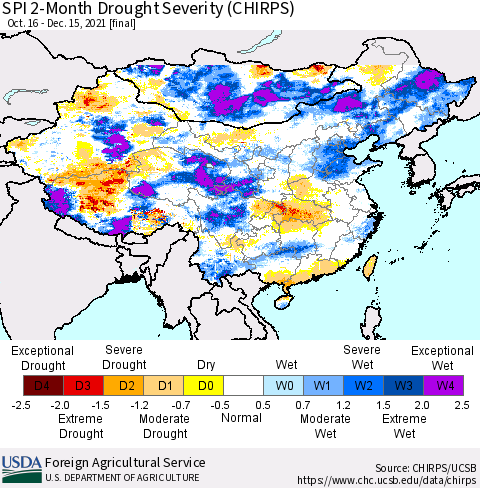 China, Mongolia and Taiwan SPI 2-Month Drought Severity (CHIRPS) Thematic Map For 10/16/2021 - 12/15/2021