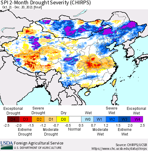 China, Mongolia and Taiwan SPI 2-Month Drought Severity (CHIRPS) Thematic Map For 10/21/2021 - 12/20/2021