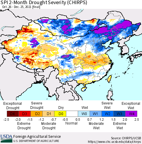 China, Mongolia and Taiwan SPI 2-Month Drought Severity (CHIRPS) Thematic Map For 10/26/2021 - 12/25/2021