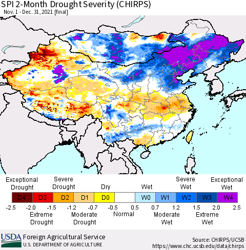China, Mongolia and Taiwan SPI 2-Month Drought Severity (CHIRPS) Thematic Map For 11/1/2021 - 12/31/2021
