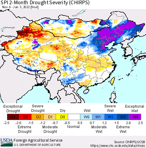 China, Mongolia and Taiwan SPI 2-Month Drought Severity (CHIRPS) Thematic Map For 11/6/2021 - 1/5/2022