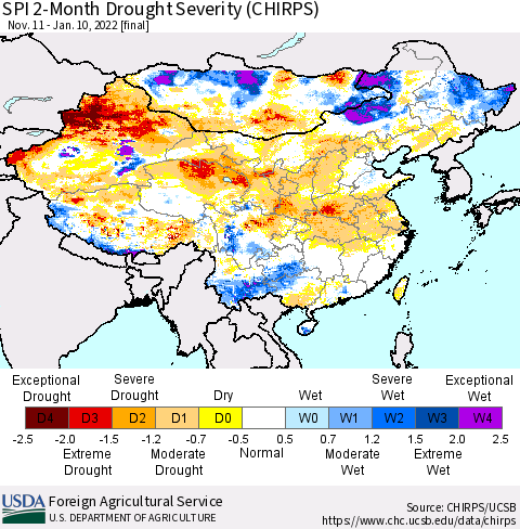 China, Mongolia and Taiwan SPI 2-Month Drought Severity (CHIRPS) Thematic Map For 11/11/2021 - 1/10/2022