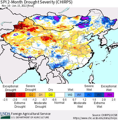 China, Mongolia and Taiwan SPI 2-Month Drought Severity (CHIRPS) Thematic Map For 11/16/2021 - 1/15/2022