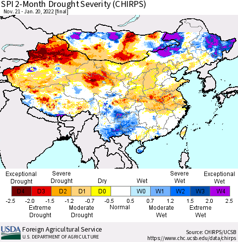 China, Mongolia and Taiwan SPI 2-Month Drought Severity (CHIRPS) Thematic Map For 11/21/2021 - 1/20/2022