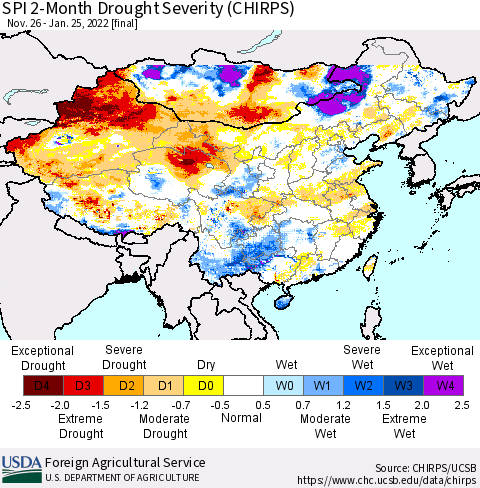 China, Mongolia and Taiwan SPI 2-Month Drought Severity (CHIRPS) Thematic Map For 11/26/2021 - 1/25/2022