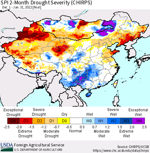 China, Mongolia and Taiwan SPI 2-Month Drought Severity (CHIRPS) Thematic Map For 12/1/2021 - 1/31/2022