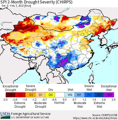 China, Mongolia and Taiwan SPI 2-Month Drought Severity (CHIRPS) Thematic Map For 12/6/2021 - 2/5/2022