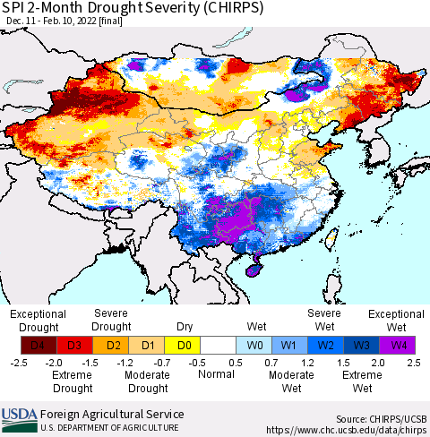 China, Mongolia and Taiwan SPI 2-Month Drought Severity (CHIRPS) Thematic Map For 12/11/2021 - 2/10/2022