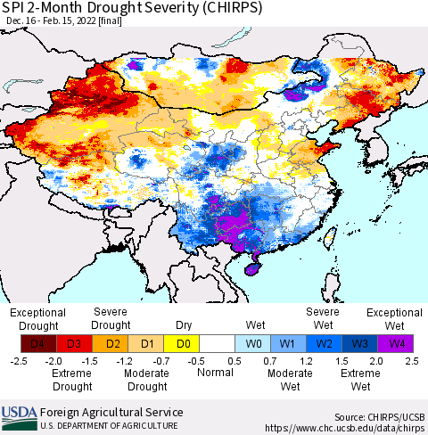 China, Mongolia and Taiwan SPI 2-Month Drought Severity (CHIRPS) Thematic Map For 12/16/2021 - 2/15/2022