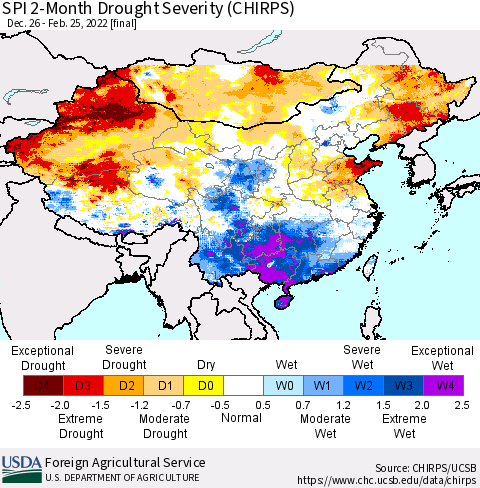 China, Mongolia and Taiwan SPI 2-Month Drought Severity (CHIRPS) Thematic Map For 12/26/2021 - 2/25/2022