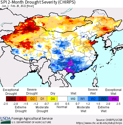 China, Mongolia and Taiwan SPI 2-Month Drought Severity (CHIRPS) Thematic Map For 1/1/2022 - 2/28/2022