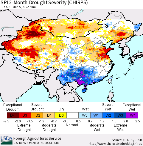 China, Mongolia and Taiwan SPI 2-Month Drought Severity (CHIRPS) Thematic Map For 1/6/2022 - 3/5/2022