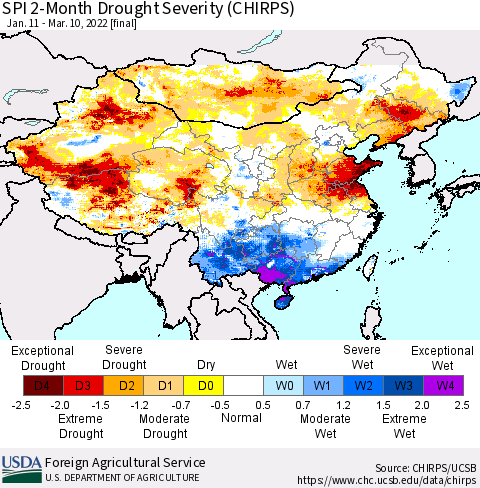 China, Mongolia and Taiwan SPI 2-Month Drought Severity (CHIRPS) Thematic Map For 1/11/2022 - 3/10/2022