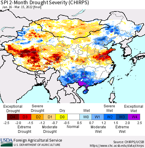 China, Mongolia and Taiwan SPI 2-Month Drought Severity (CHIRPS) Thematic Map For 1/16/2022 - 3/15/2022