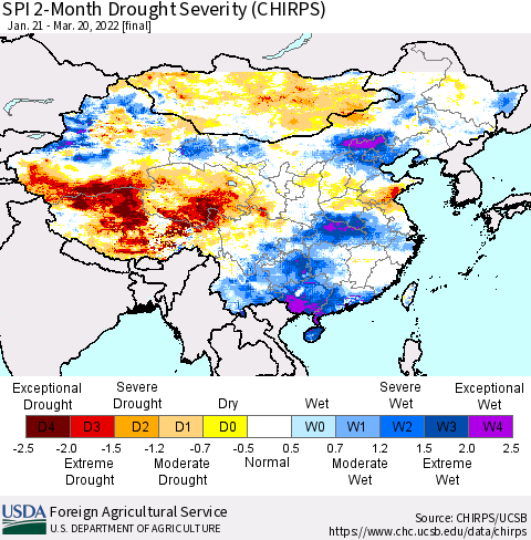 China, Mongolia and Taiwan SPI 2-Month Drought Severity (CHIRPS) Thematic Map For 1/21/2022 - 3/20/2022
