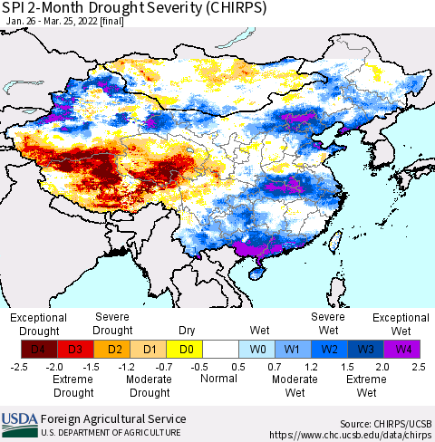 China, Mongolia and Taiwan SPI 2-Month Drought Severity (CHIRPS) Thematic Map For 1/26/2022 - 3/25/2022