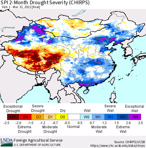 China, Mongolia and Taiwan SPI 2-Month Drought Severity (CHIRPS) Thematic Map For 2/1/2022 - 3/31/2022