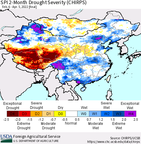 China, Mongolia and Taiwan SPI 2-Month Drought Severity (CHIRPS) Thematic Map For 2/6/2022 - 4/5/2022