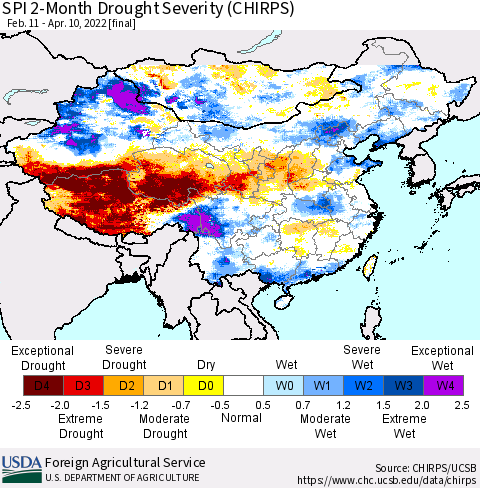 China, Mongolia and Taiwan SPI 2-Month Drought Severity (CHIRPS) Thematic Map For 2/11/2022 - 4/10/2022