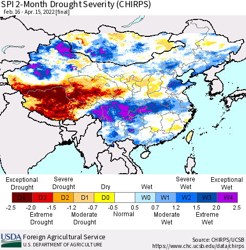 China, Mongolia and Taiwan SPI 2-Month Drought Severity (CHIRPS) Thematic Map For 2/16/2022 - 4/15/2022