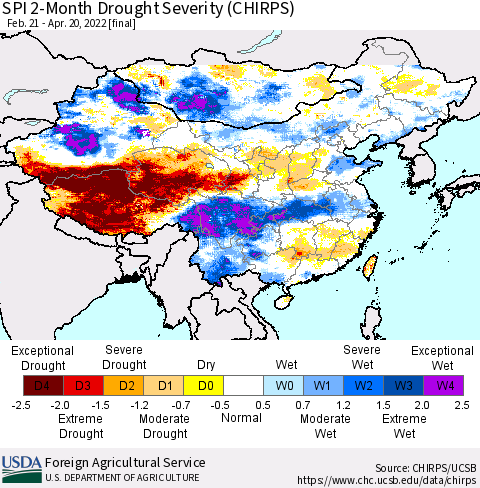 China, Mongolia and Taiwan SPI 2-Month Drought Severity (CHIRPS) Thematic Map For 2/21/2022 - 4/20/2022
