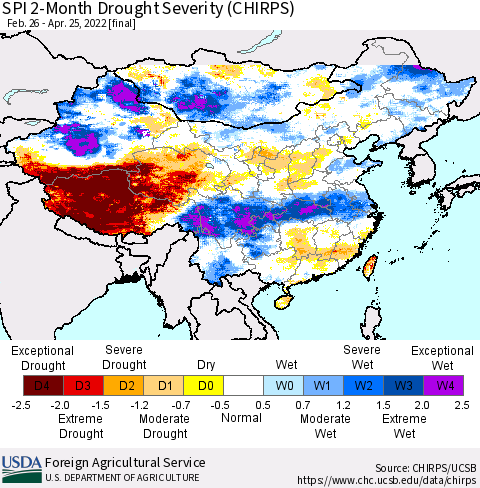 China, Mongolia and Taiwan SPI 2-Month Drought Severity (CHIRPS) Thematic Map For 2/26/2022 - 4/25/2022