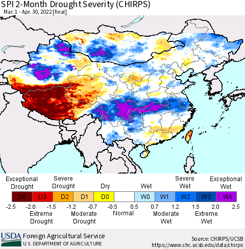 China, Mongolia and Taiwan SPI 2-Month Drought Severity (CHIRPS) Thematic Map For 3/1/2022 - 4/30/2022