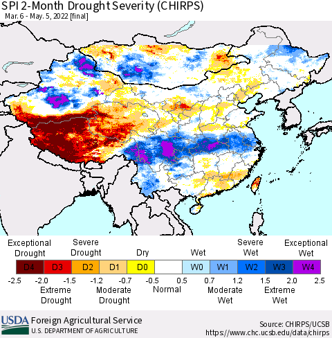 China, Mongolia and Taiwan SPI 2-Month Drought Severity (CHIRPS) Thematic Map For 3/6/2022 - 5/5/2022