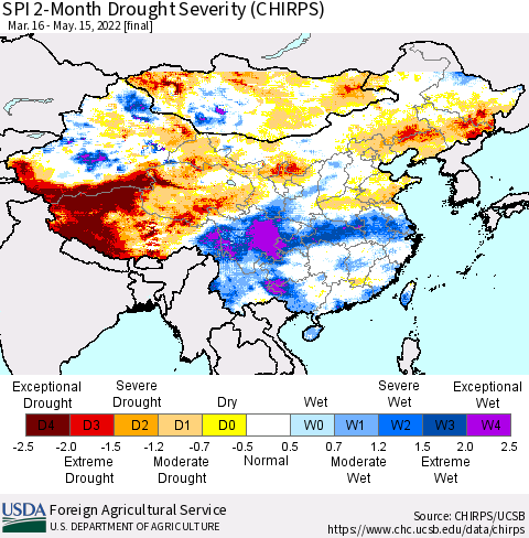 China, Mongolia and Taiwan SPI 2-Month Drought Severity (CHIRPS) Thematic Map For 3/16/2022 - 5/15/2022