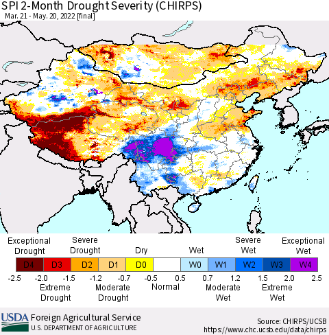 China, Mongolia and Taiwan SPI 2-Month Drought Severity (CHIRPS) Thematic Map For 3/21/2022 - 5/20/2022