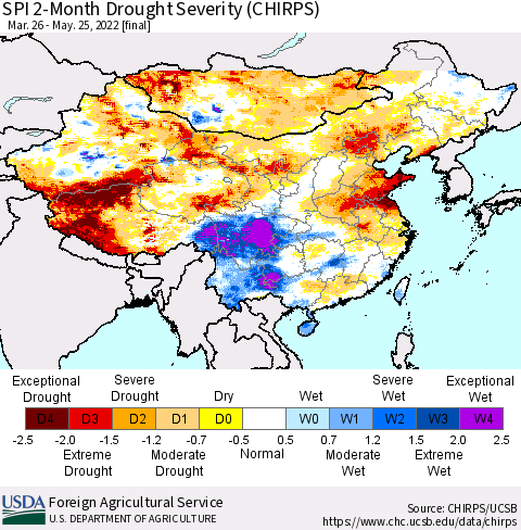China, Mongolia and Taiwan SPI 2-Month Drought Severity (CHIRPS) Thematic Map For 3/26/2022 - 5/25/2022