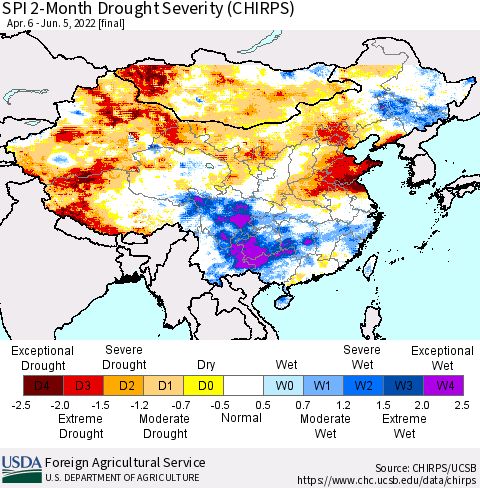 China, Mongolia and Taiwan SPI 2-Month Drought Severity (CHIRPS) Thematic Map For 4/6/2022 - 6/5/2022