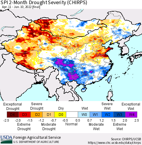 China, Mongolia and Taiwan SPI 2-Month Drought Severity (CHIRPS) Thematic Map For 4/11/2022 - 6/10/2022