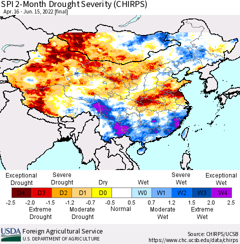 China, Mongolia and Taiwan SPI 2-Month Drought Severity (CHIRPS) Thematic Map For 4/16/2022 - 6/15/2022