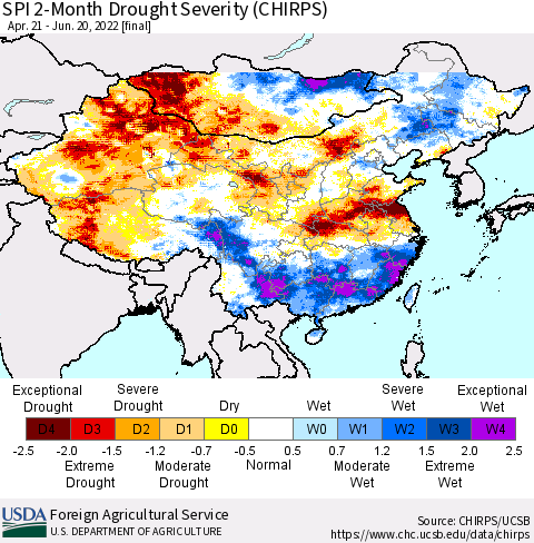 China, Mongolia and Taiwan SPI 2-Month Drought Severity (CHIRPS) Thematic Map For 4/21/2022 - 6/20/2022