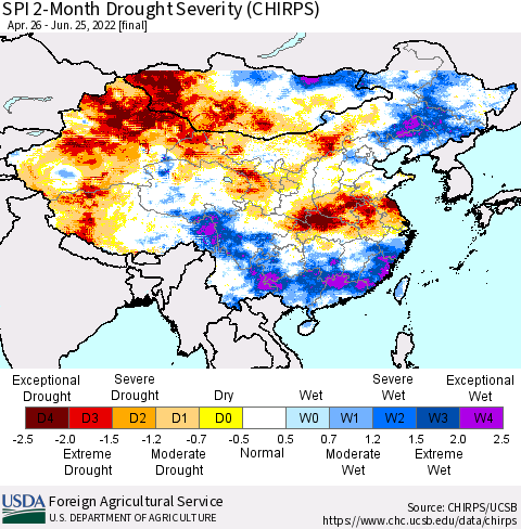 China, Mongolia and Taiwan SPI 2-Month Drought Severity (CHIRPS) Thematic Map For 4/26/2022 - 6/25/2022