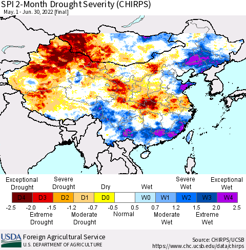 China, Mongolia and Taiwan SPI 2-Month Drought Severity (CHIRPS) Thematic Map For 5/1/2022 - 6/30/2022
